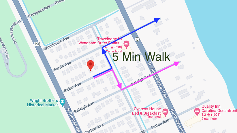 Map highlighting the 5-minute walk from Wright by the Beach to the Raleigh Avenue beach access