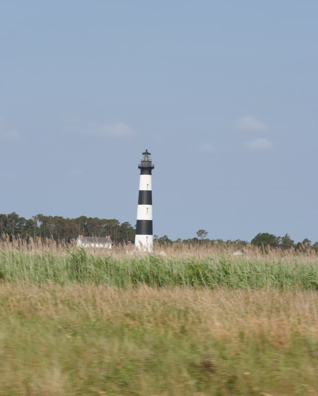 The black-and-white striped Bodie Island Lighthouse
